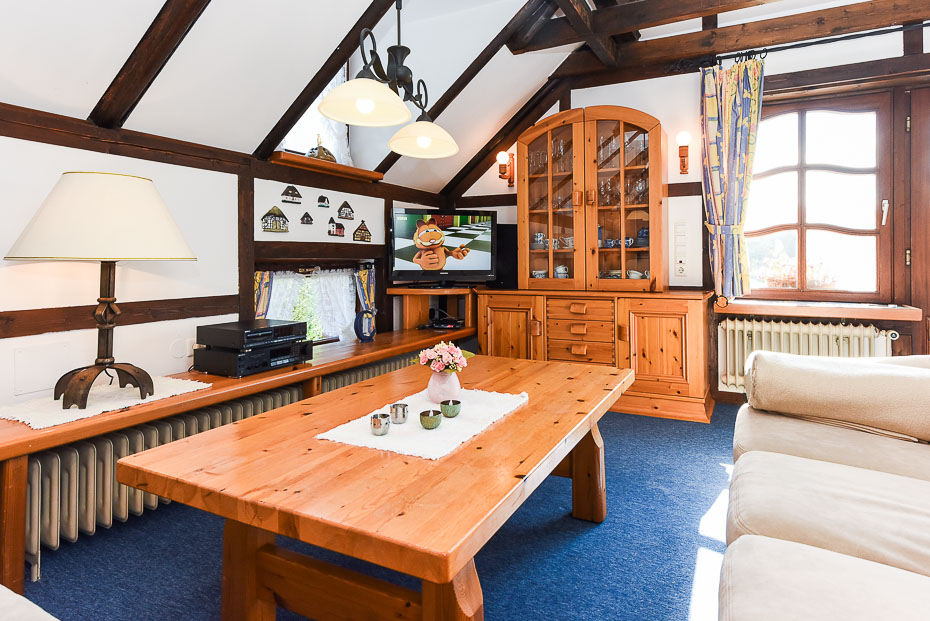 Ferienwohnung „Leichte Brise“ im „Haus Hohe Lucht“ - Wohnzimmer mit integriertem Küchenbereich und räumlich abgetrenntem Schlafraum