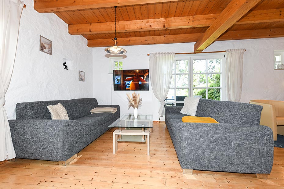 Ferienhaus „Historisches Backhaus“ - Wohnzimmer mit integriertem Küchenbereich