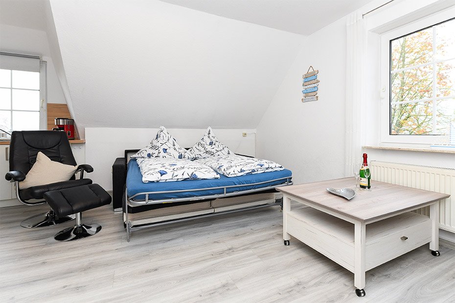 Ferienwohnung „Linde“ - Wohn- und Schlafraum mit räumlich abgeteiltem Küchenbereich