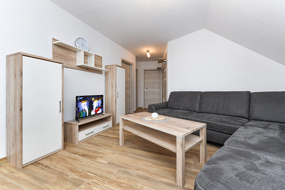 Ferienwohnung „Flut“ - Wohnzimmer mit integriertem Küchenbereich