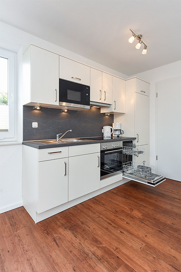 Ferienhaus „Lachmöwe“ - Wohnzimmer mit integriertem Küchenbereich