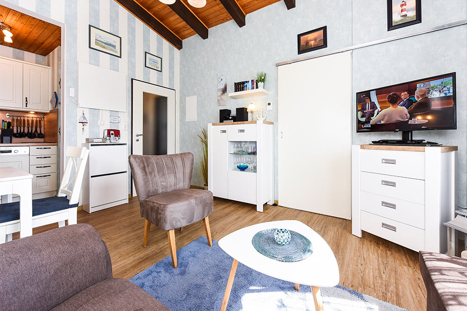 Ferienwohnung „Kleine Perle“ - Wohnraum mit integrierter Küche
