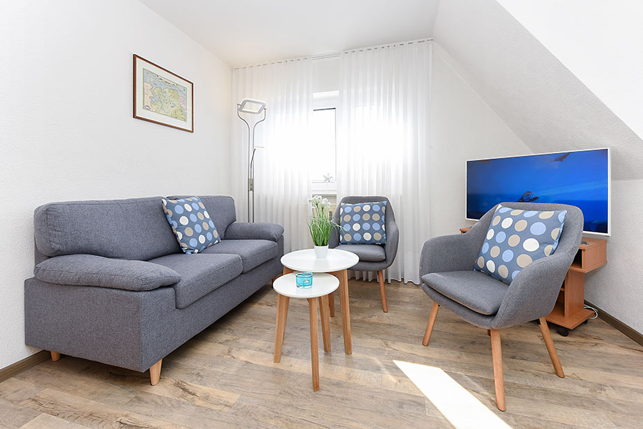 Ferienwohnung „Robbe“ - Wohnzimmer mit integriertem Küchenbereich