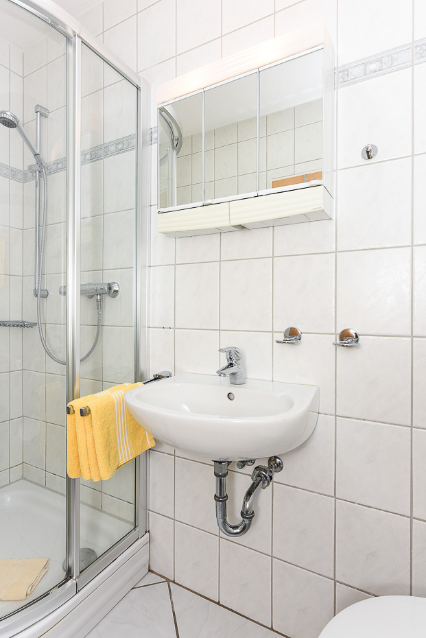 Ferienhaus „Ingrid“ - Badezimmer mit Dusche, Waschtisch und WC