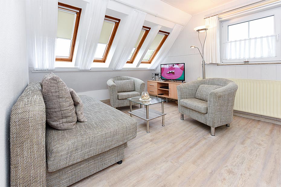 Ferienwohnung „Deichgraf“ - Wohnzimmer mit integriertem Küchenbereich