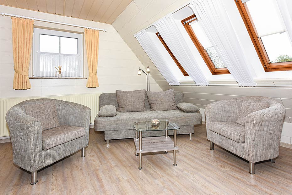 Ferienwohnung „Deichpanorama“ - Wohnzimmer mit integriertem Küchenbereich
