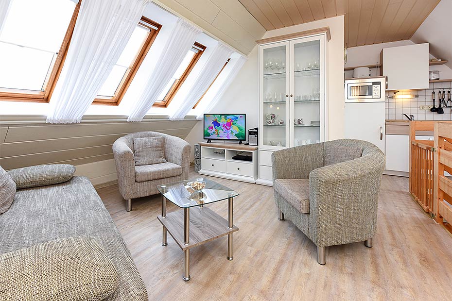 Ferienwohnung „Deichpanorama“ - Wohnzimmer mit integriertem Küchenbereich