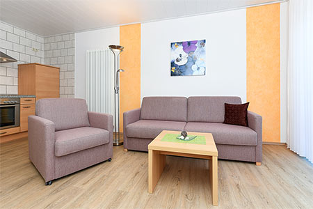 Ferienwohnung „Sonnensegel“ - Wohnzimmer mit integriertem Küchenbereich