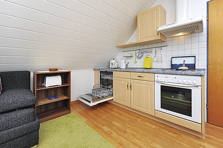 Ferienwohnung „Spiekeroog“ - Wohnraum mit integrierter Küche und Essgruppe