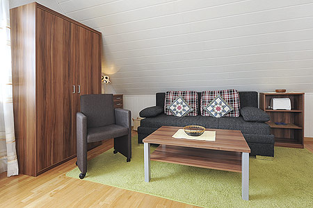 Ferienwohnung „Spiekeroog“ - Wohnraum mit integrierter Küche und Essgruppe