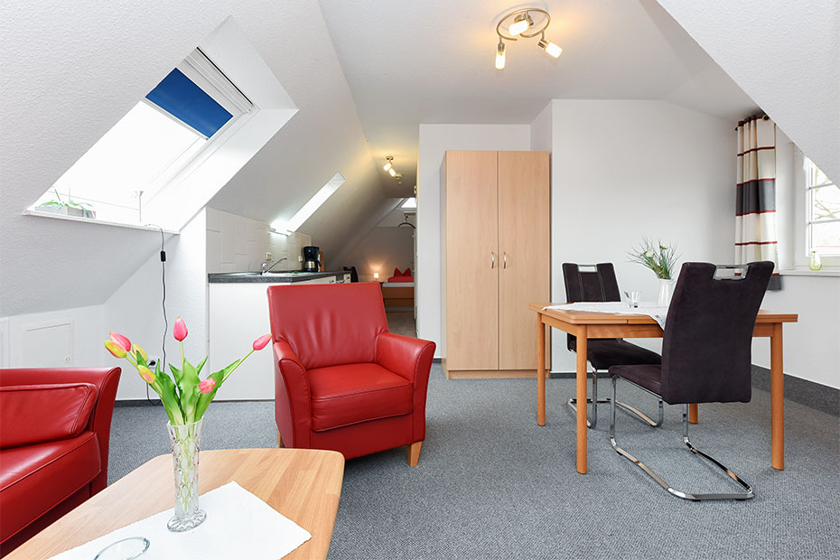 Apartment „Studio Deichblick“ - Wohn- und Schlafraum mit integriertem Küchenbereich