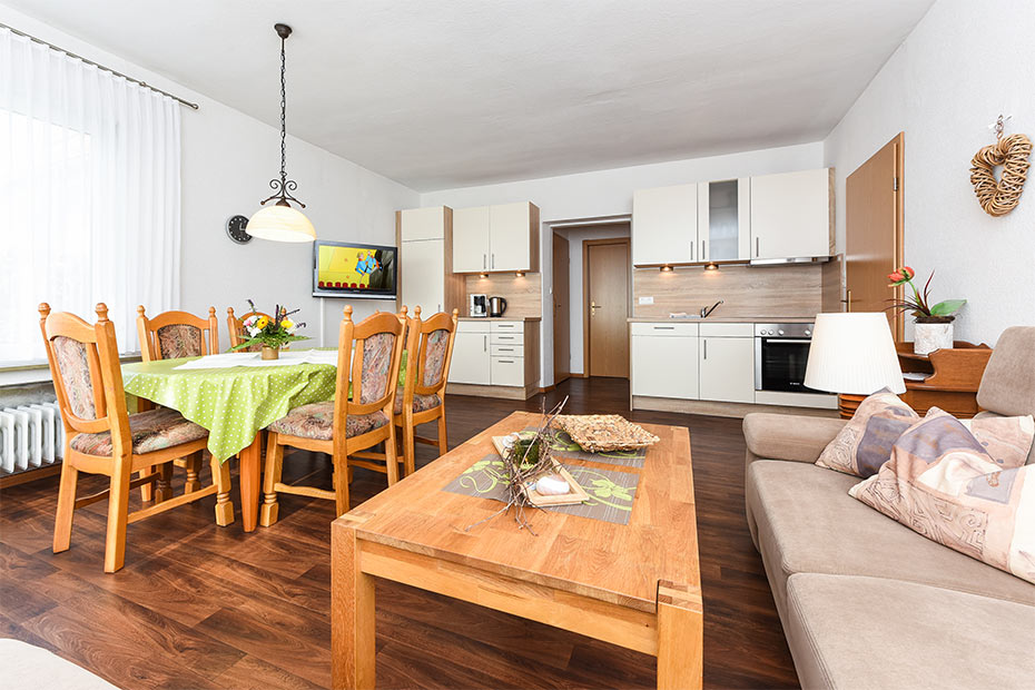 Ferienwohnung „Kiebitznest“ - Wohnzimmer mit integriertem Küchenbereich