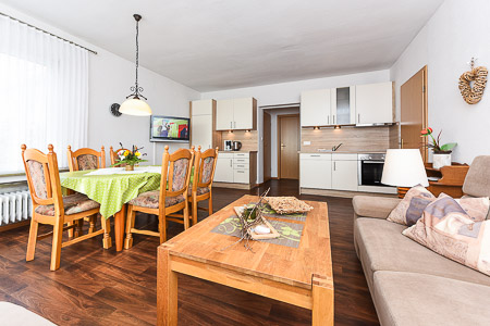 Ferienwohnung „Kiebitznest“ - Wohnzimmer mit integriertem Küchenbereich