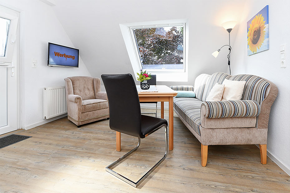 Ferienwohnung „Spatzennest“ - Wohnzimmer mit integriertem Küchenbereich