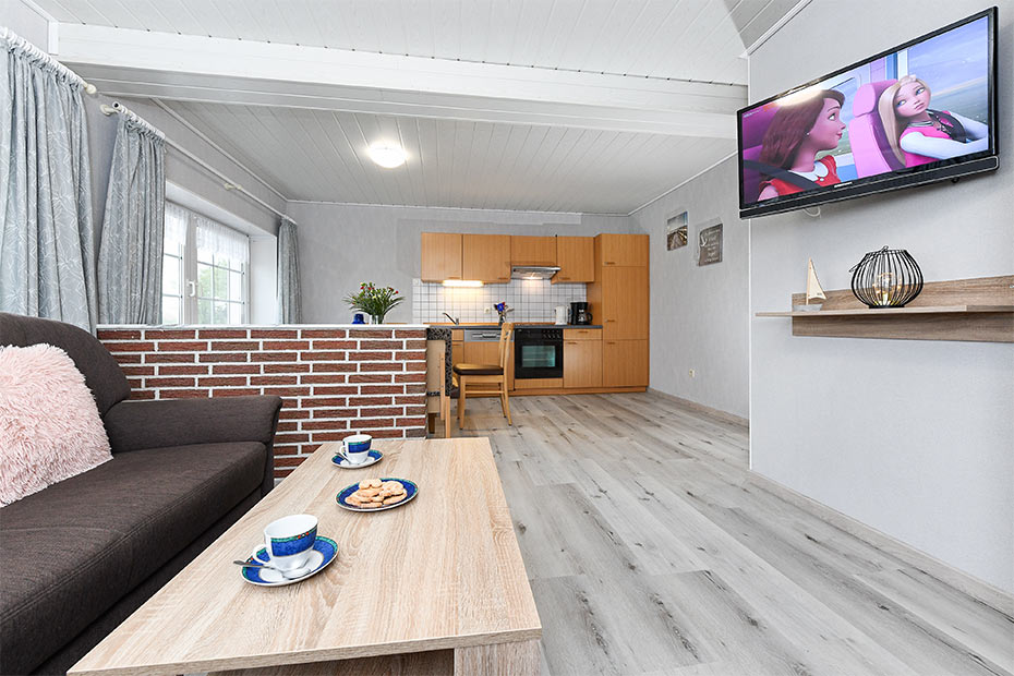 Ferienhaus - Wohnzimmer mit integriertem Küchenbereich