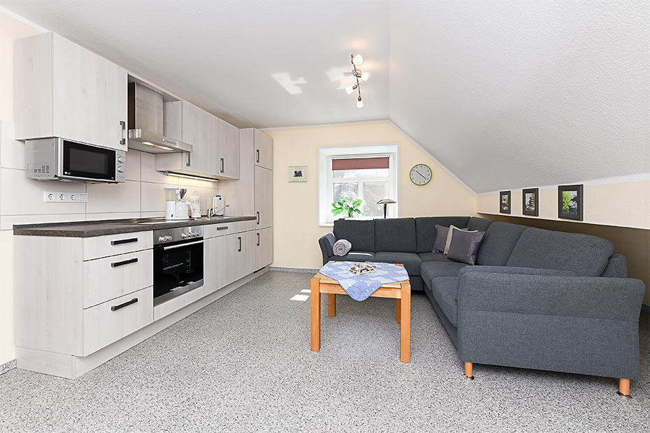 Ferienwohnung 3 - Wohnzimmer mit integriertem Küchenbereich