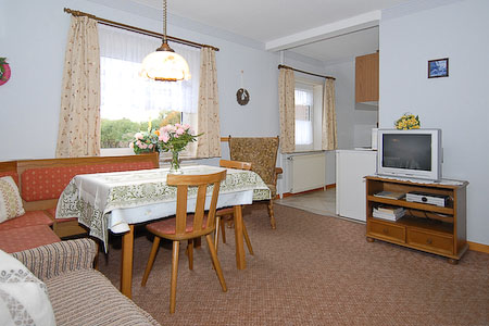 Ferienwohnung „Hofblick“ - Wohnzimmer mit integriertem Küchenbereich