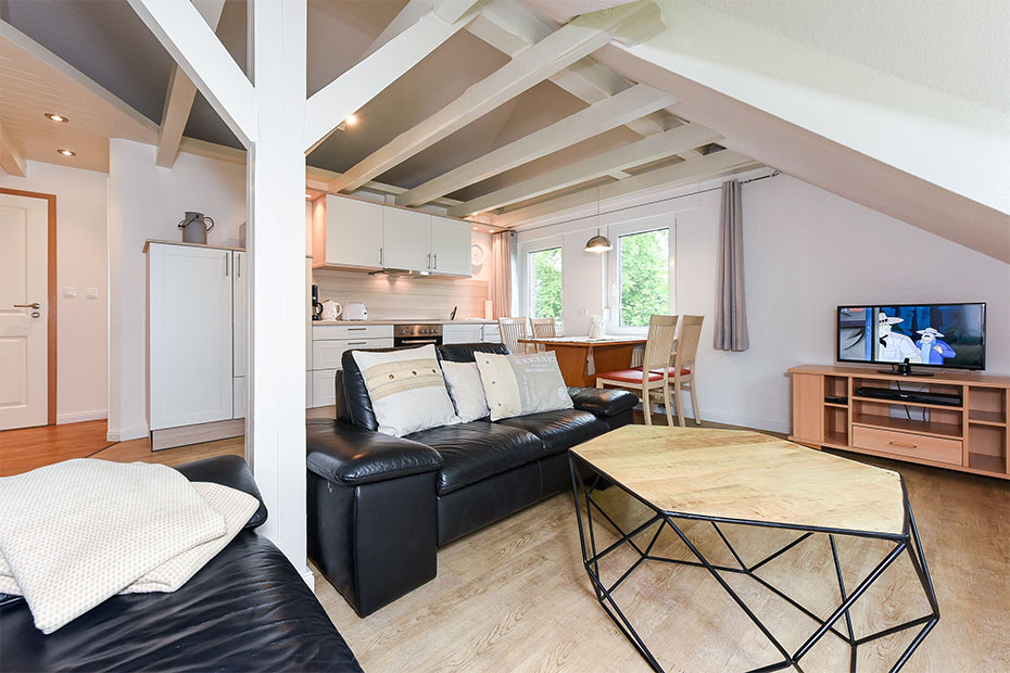 Ferienwohnung Erlenwohnung - Wohnzimmer mit integriertem Küchenbereich