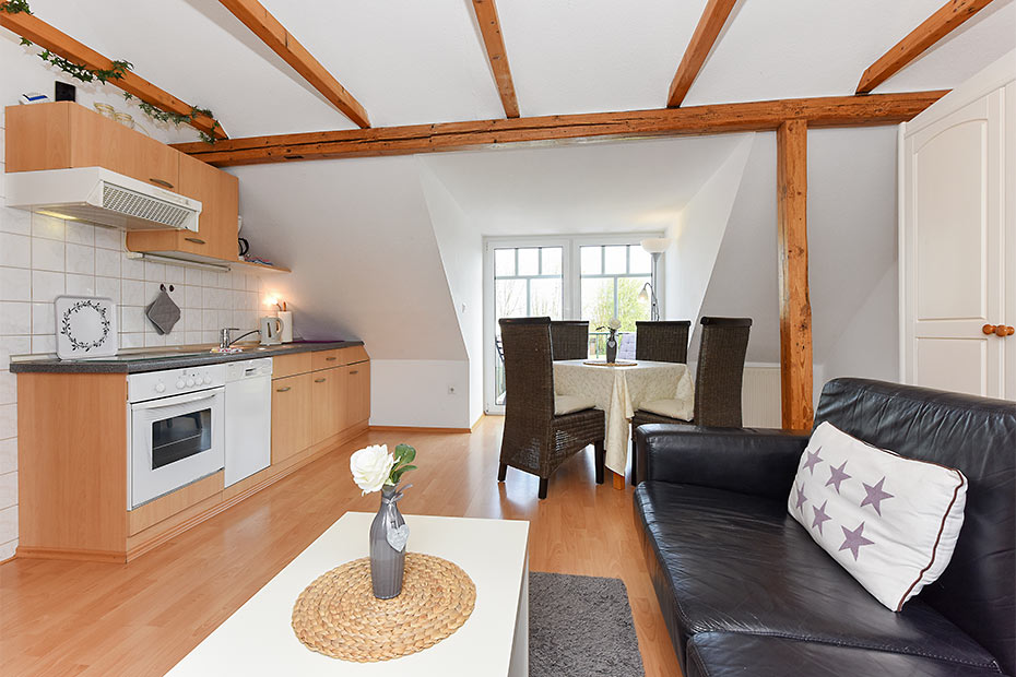 Ferienwohnung „Mühlenblick“ - Wohnzimmer mit integriertem Küchenbereich