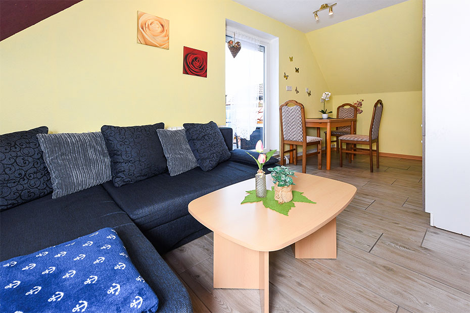 Ferienwohnung „Haus Seemöwe“ - Wohnraum mit integrierter Küche