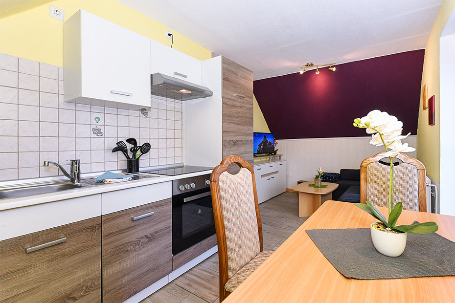 Ferienwohnung „Haus Seemöwe“ - Wohnraum mit integrierter Küche