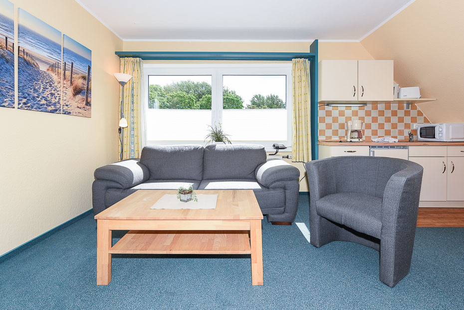 Ferienwohnung „Seeschwalbe“ - Wohnzimmer mit integriertem Küchenbereich