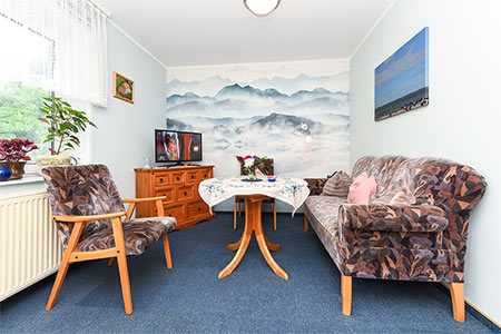 Ferienwohnung <span style='display:none'> </span> - Wohnzimmer mit integriertem Küchenbereich