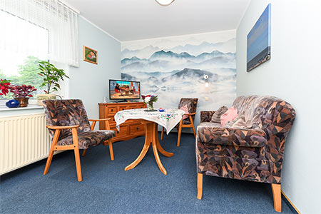 Ferienwohnung <span style='display:none'> </span> - Wohnzimmer mit integriertem Küchenbereich