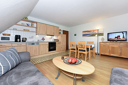 Ferienwohnung „Wiesenblick“ - Wohnzimmer mit integriertem Küchenbereich