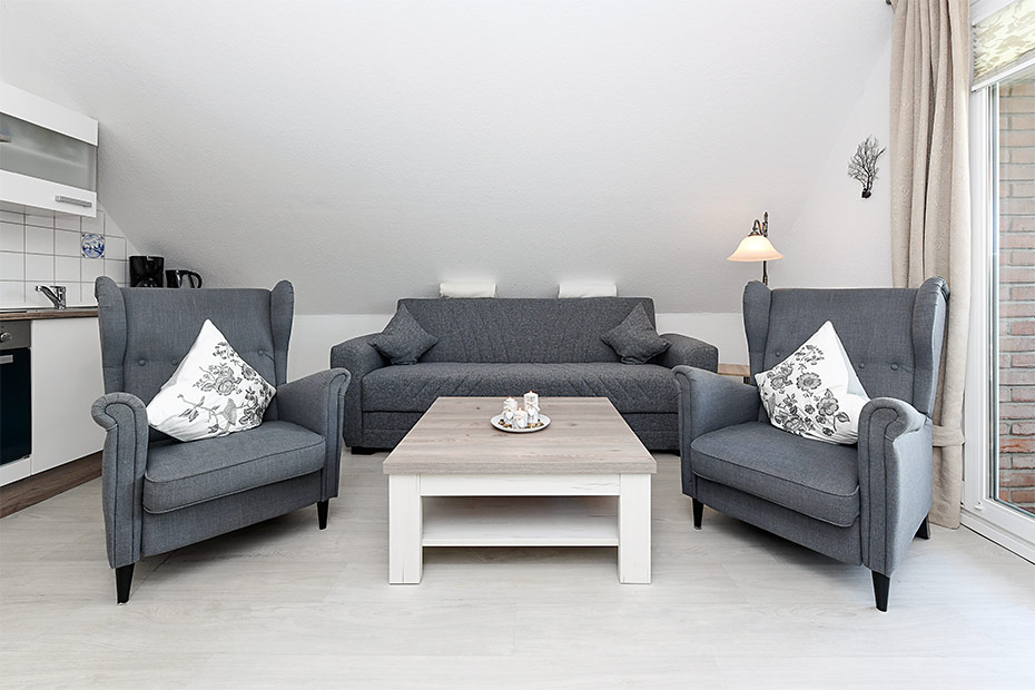 Ferienwohnung „Haus Antares“ - Wohnzimmer mit integriertem Küchenbereich