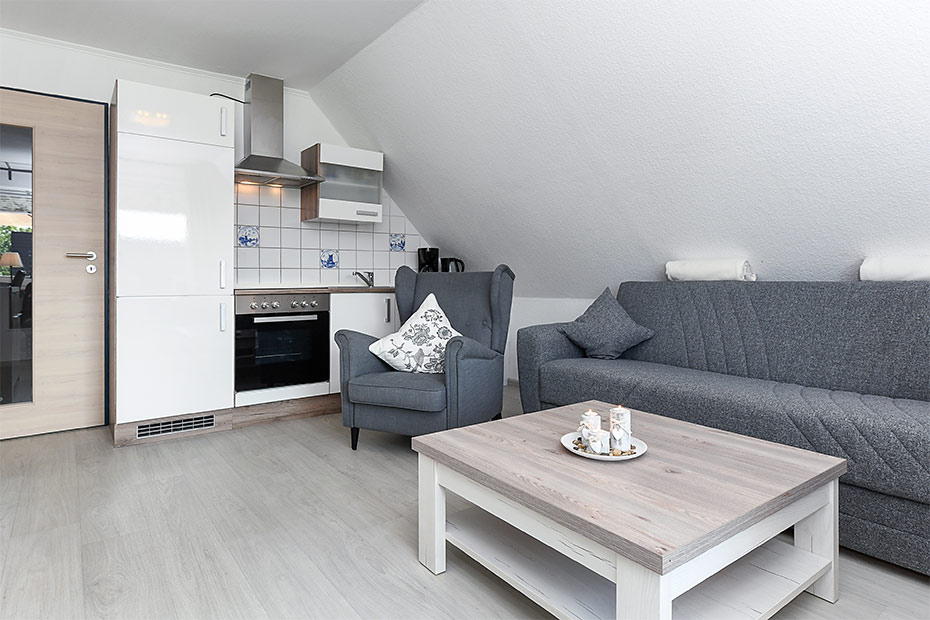 Ferienwohnung „Haus Antares“ - Wohnzimmer mit integriertem Küchenbereich