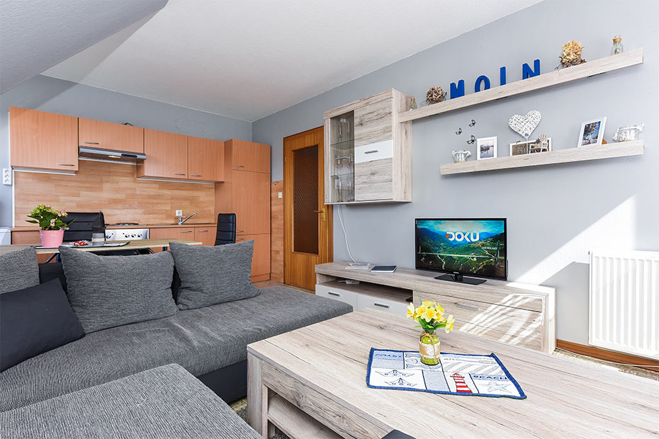 Ferienwohnung „Wind“ - Wohnzimmer mit integriertem Küchenbereich