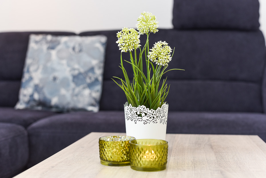 Ferienhaus „Strandperle“ - Wohnraum mit integrierter Küche und Essgruppe