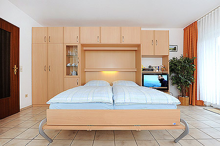 Apartment - Wohnzimmer mit integriertem Küchenbereich und Schrank-Doppelbett