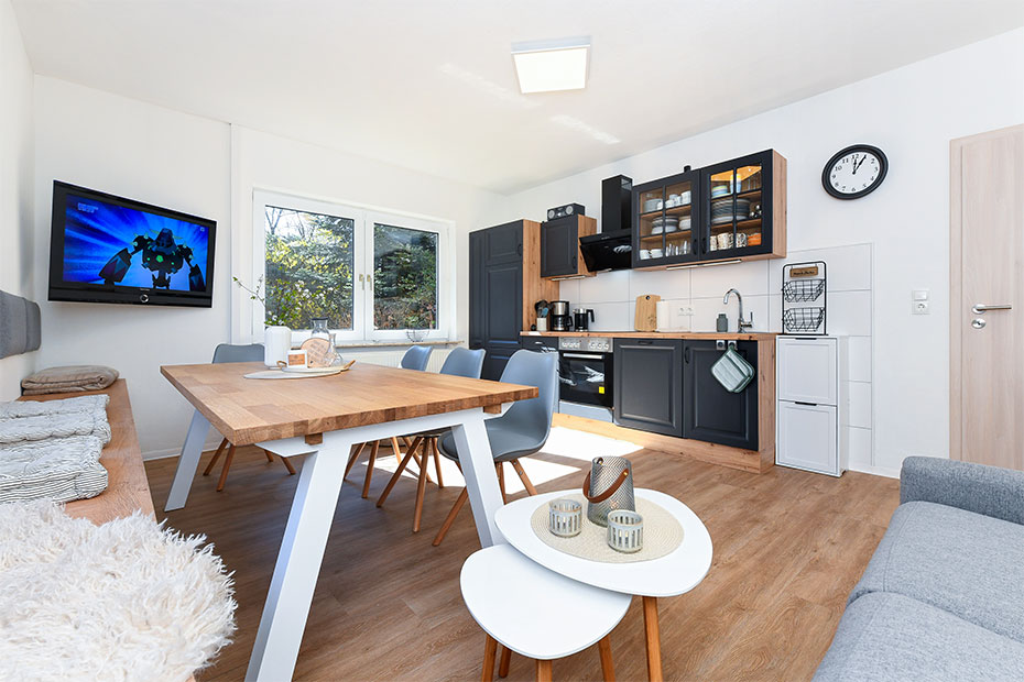 Ferienwohnung „Kornblume“ - Wohnzimmer mit integriertem Küchenbereich