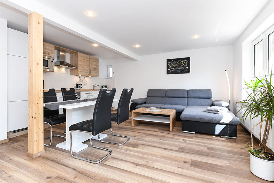 Ferienwohnung 3 - Wohnzimmer mit integriertem Küchenbereich