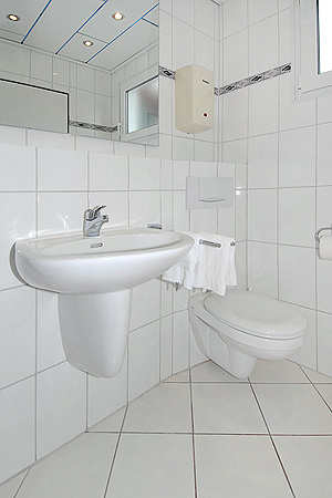 Ferienhaus „Friesenperle“ - Badezimmer mit Dusche, Waschtisch und WC