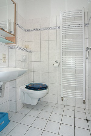 Ferienhaus „Nicole“ - zweites Badezimmer mit Dusche, Waschtisch und WC