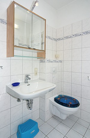 Ferienhaus „Nicole“ - zweites Badezimmer mit Dusche, Waschtisch und WC