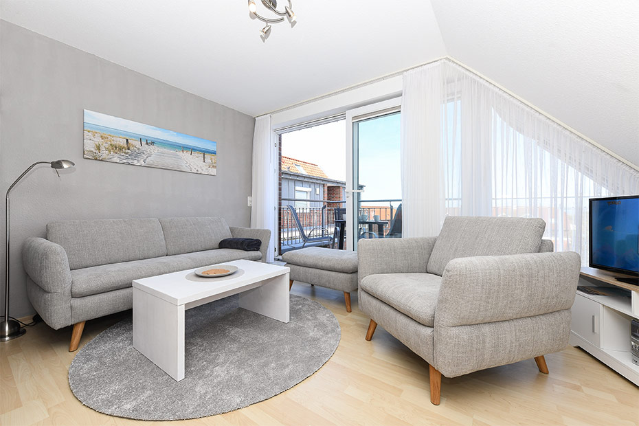 Ferienwohnung „Inselblick“ - Wohnzimmer mit integriertem Küchenbereich